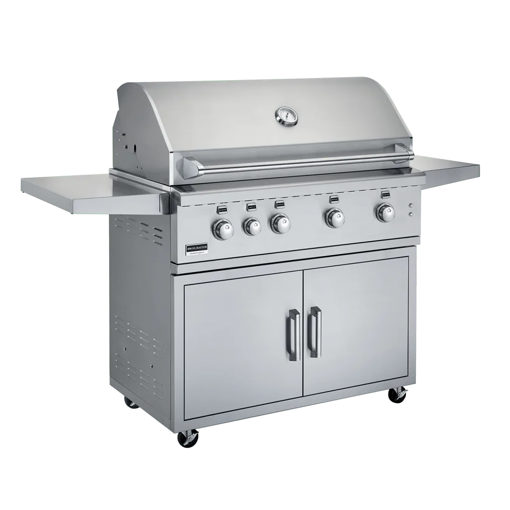 A Broilmaster gas grill on a cart