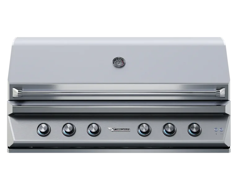 A Twin Eagles built-in stainless gas grill with LED-lit control knobs